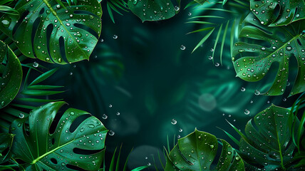 Tropical monstera leaf frame with water drops on a dark green background with space in the middle for text
