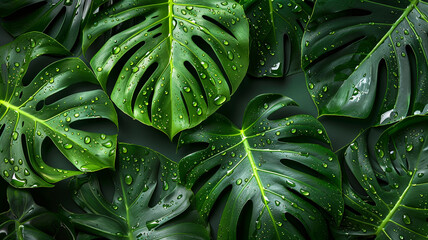 Tropical monstera leaves with water drops on dark green background