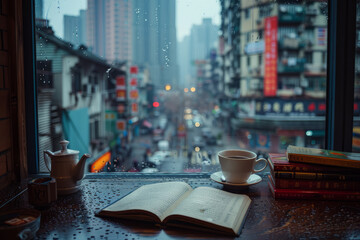 Cozy reading corner with coffee on a rainy city day