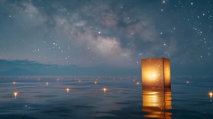  A moving image intertwining the solemnity of Memorial Day with the enchanting allure of the Lantern Festival, featuring a solitary paper lantern gracefully floating on water - obrazy, fototapety, plakaty