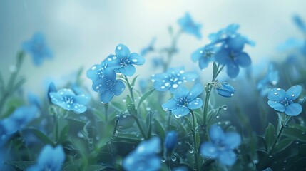 Blue flowers adorned with water droplets