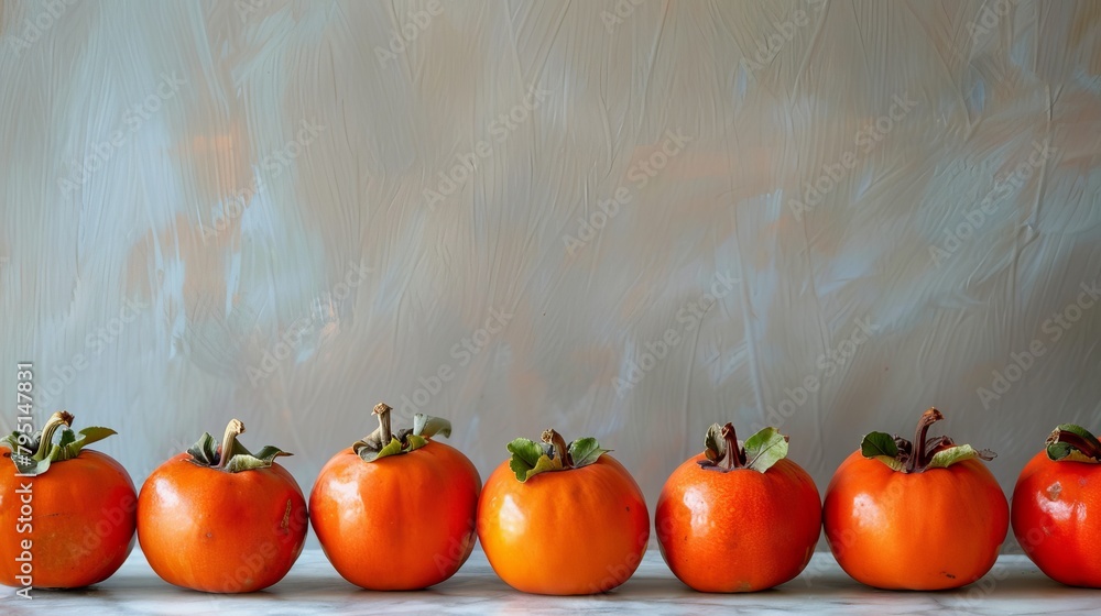 Poster fresh and appetizing persimmons lined up neatly against a studio backdrop