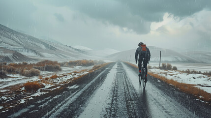 Cyclist braves the snowy weather on a remote mountain road