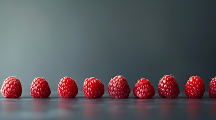 Fresh and appetizing raspberries lined up neatly for a professional shoot