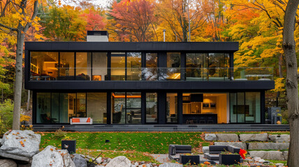 A striking modern house with a black exterior and floor-to-ceiling windows, standing out against a...