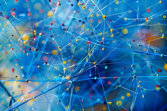 A blue background that is abstract and features coloured dots and lines woven together. background that is abstract. Structure of network connections.