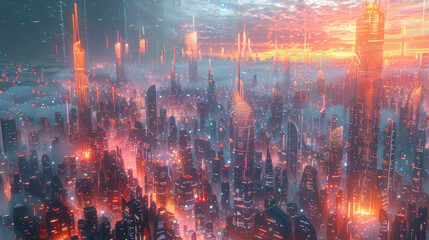 Futuristic cityscape at sunset with glowing skyscrapers