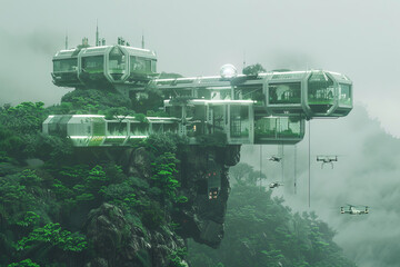 Futuristic green cityscape with modular buildings in misty forest