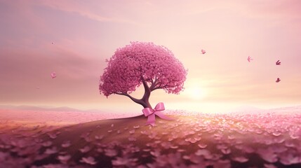 a tree with pink flowers and a bow - Powered by Adobe