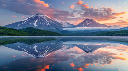 Volcanoes and their reflections in the lake at sunrise