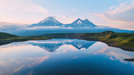 Volcanoes and their reflections in the lake at sunrise - obrazy, fototapety, plakaty