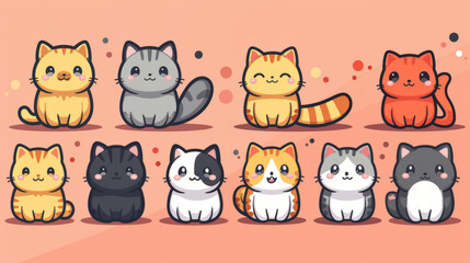 Colorful Kawaii Cats, Cute Feline Cartoon Characters