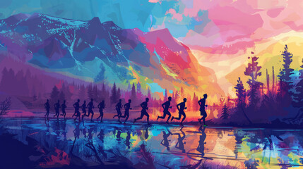 Silhouetted runners on a colorful landscape road at sunset