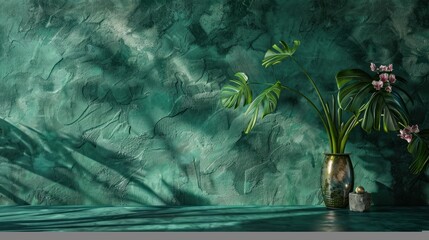 Empty table with monstera leaves on dark green shadow texture wall background. generative AI image - obrazy, fototapety, plakaty