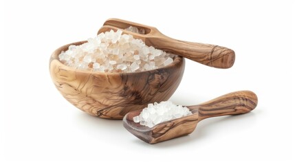 Portrait of natural salt in wooden bowl and scoop on white background. generative AI image