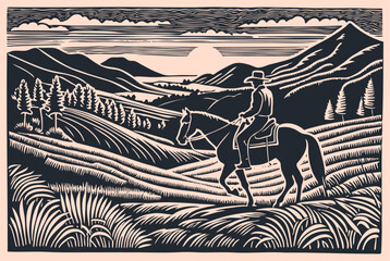 Landscape with a cowboy on a horse, vector illustration