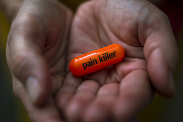 A person is holding three orange pills in their hand, one of which is labeled Pain Killer. Concept of caution and responsibility, as the person is holding the pills carefully and not letting them fall