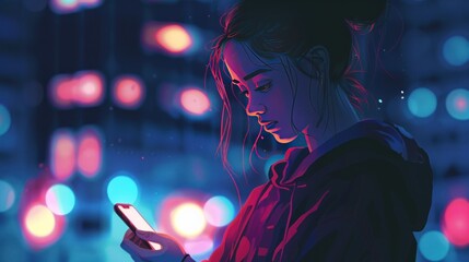 close up A woman looking at her phone at night