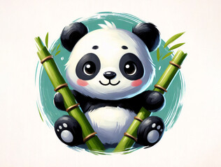 cute panda with bamboo art with thick oil paint brush stroke