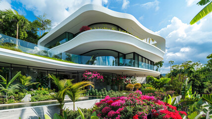 A stunning modern mansion with a sleek white facade and curved glass walls, set amidst lush...