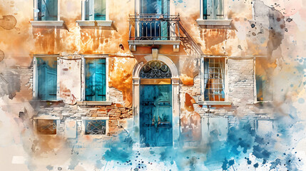 Watercolor painting of old facade of the house with door