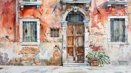 Fototapeta na wymiar Watercolor painting of old facade of the house with door
