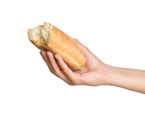 Hand holding bread bun isolated on transparent layered background.