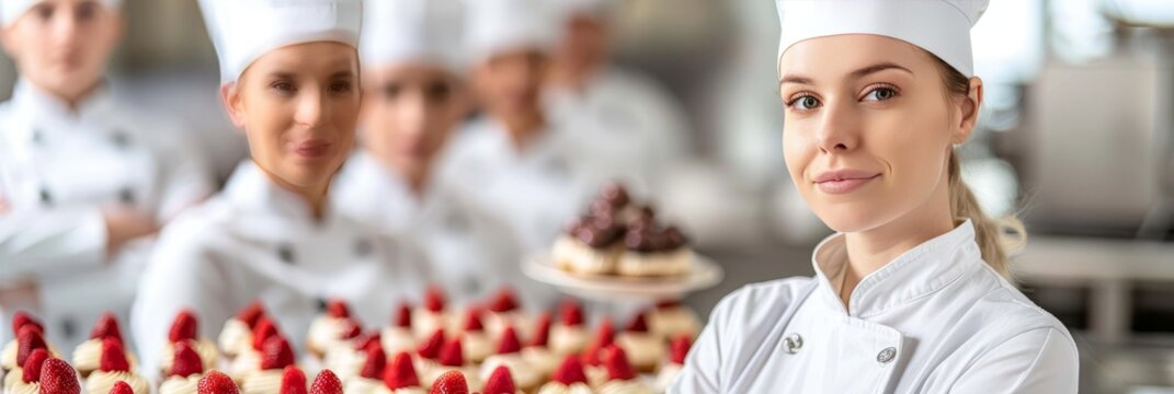 Confident female pastry chef proudly standing in her artisan bakery, showcasing her expertise