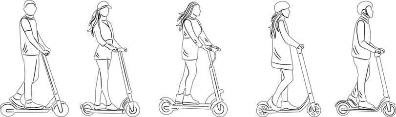 people riding a scooter collection sketch on a white background vector