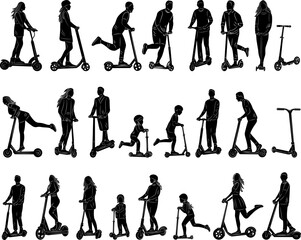 Fototapeta premium set of people riding a scooter, women on a scooter, men on a scooter, children on a scooter collection of silhouettes on a white background vector