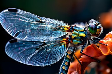 macro photography of dew kissed dragonfly wings juxtaposes with digital illustration