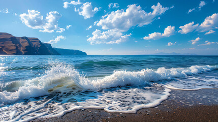 Waves on the beach at sunny day. Blue sea and the blue