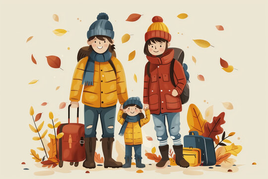 Family embarks on autumn adventure, suitcases in hand amidst falling leaves