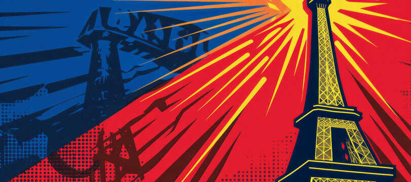  Olympic torch in front of Eiffel Tower,Paris Olympic Games concept. 