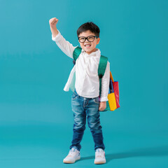 A cute little boy with glasses is wearing blue jeans and a white shirt. He has his right hand raised in the air while doing a victory pose after getting first place at school