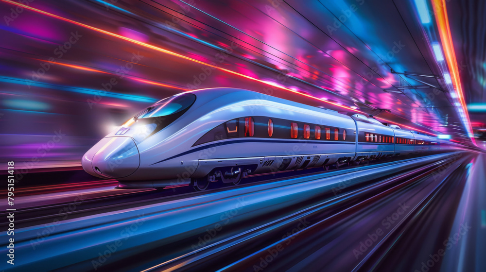 Poster a modern high-speed train blurring through a tunnel with dynamic colorful light streaks.