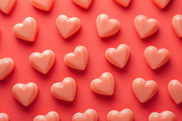 Fototapeta premium Pink heart shaped candies arranged on red surface with pink background, lovethemed sweet treat display