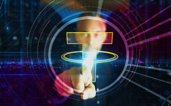 Tether USDT stablecoin cryptocurrency symbol digital 3d finger touch