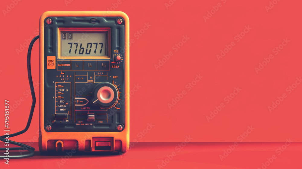 Poster close-up of a red digital multimeter with a clear digital display, against a red background.
