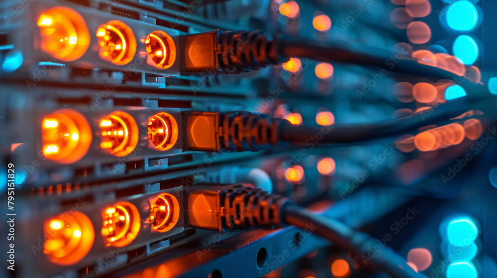 Poster close-up of a network server rack with orange blinking led lights and ethernet cables.