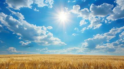 Wheat field and blue sky with clouds. --