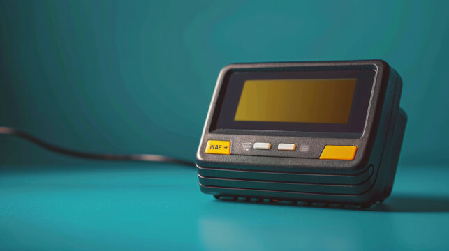 Vintage beige pager isolated on a plain turquoise background with display and buttons.