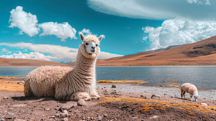 Fototapeta premium White alpaca on the shore of high-altitude lake 