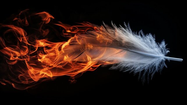 White feather burning isolated on black screen. Purity and Innocence Lost concept