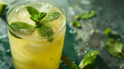 A refreshing pitcher of homemade lemonade garnished with mint leaves, condensation glistening on the glass.