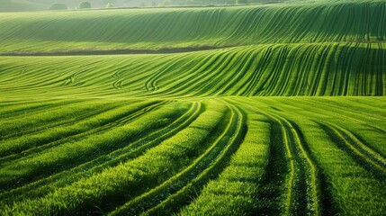 Agricultural landscape with green fields of crops and irrigation system - obrazy, fototapety, plakaty
