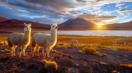 Obraz premium White alpacas on Laguna Colorada in Altiplano Bolivia.