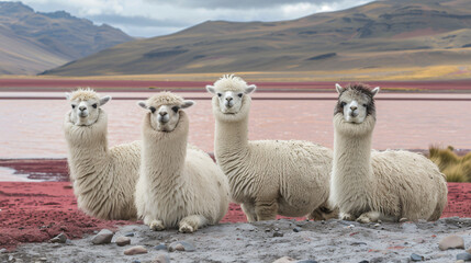 Fototapeta premium White alpacas on the shore of Laguna Colorada 