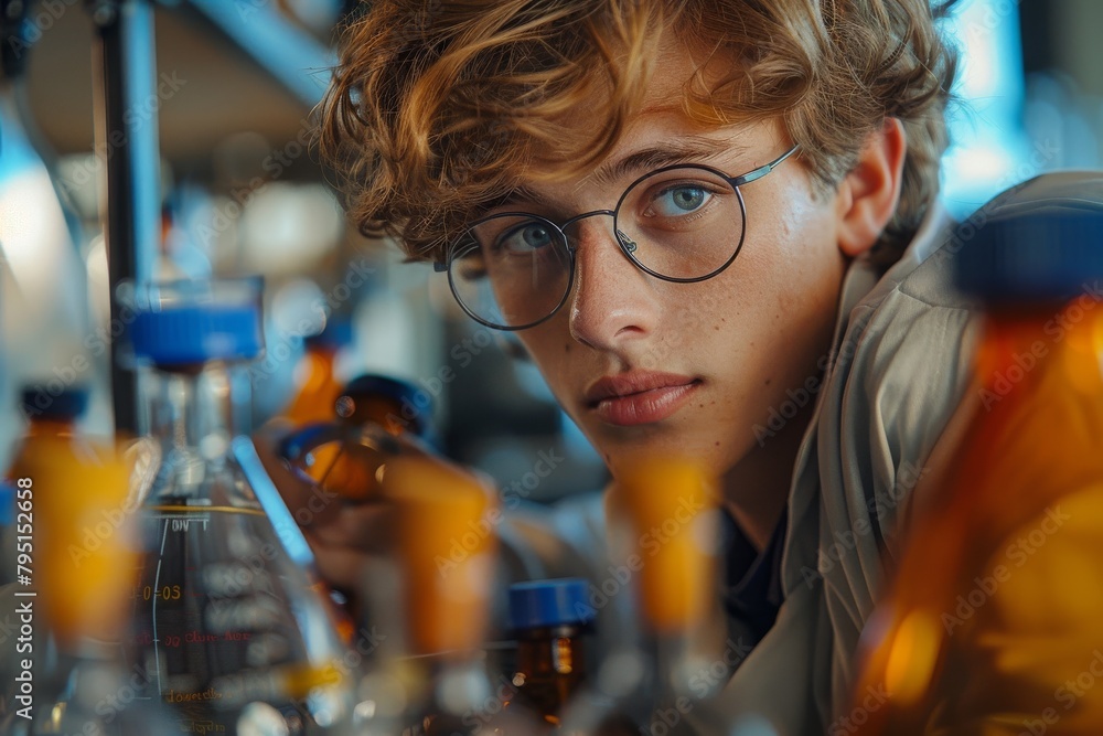 Poster a scientist is engrossed in the analysis of liquid samples within a lab environment, emphasizing det