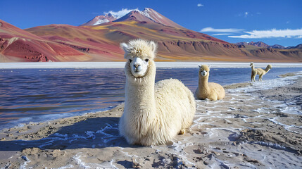 Fototapeta premium White alpacas on the shore of Laguna Colorada 